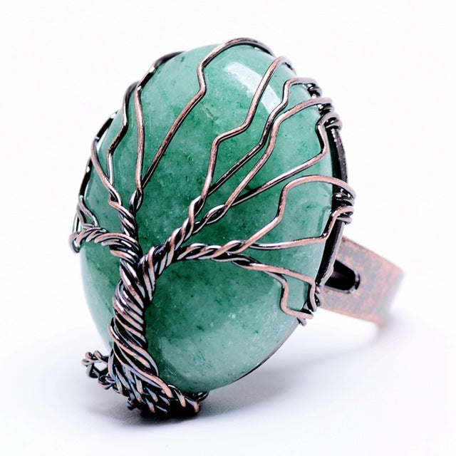 mart Vintage Finger Natural Stone Egg Shape Wrapped Tree of Life Antique Rings for Women Men Adjustable Jewelry Gift Souvenir