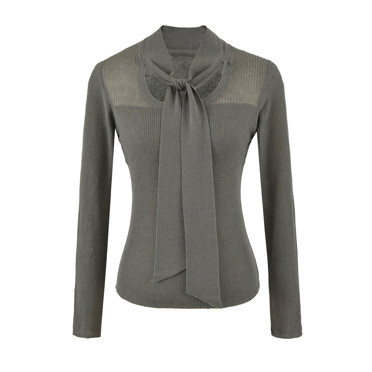 Women's Tie-Neck Semi-Sheer Slim Fit Wool Blend Knit Top Long Sleeve Layering Sweater