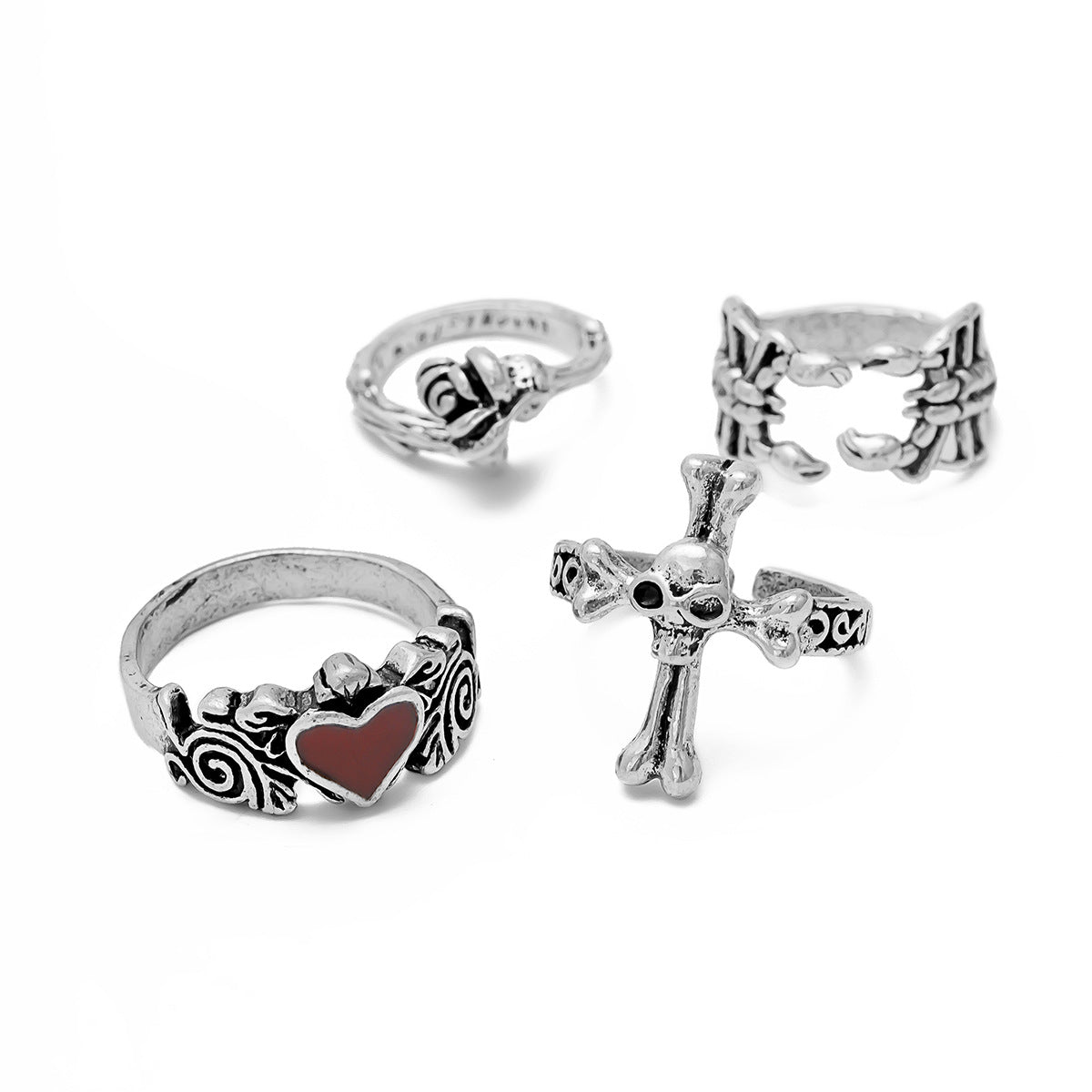 Halloween Jewel Set, 4-piece Cross Skull Ring Set