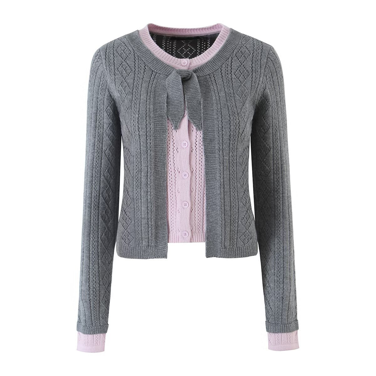 Women's Color-Block Argyle Openwork Crop Knit Cardigan Sweater
