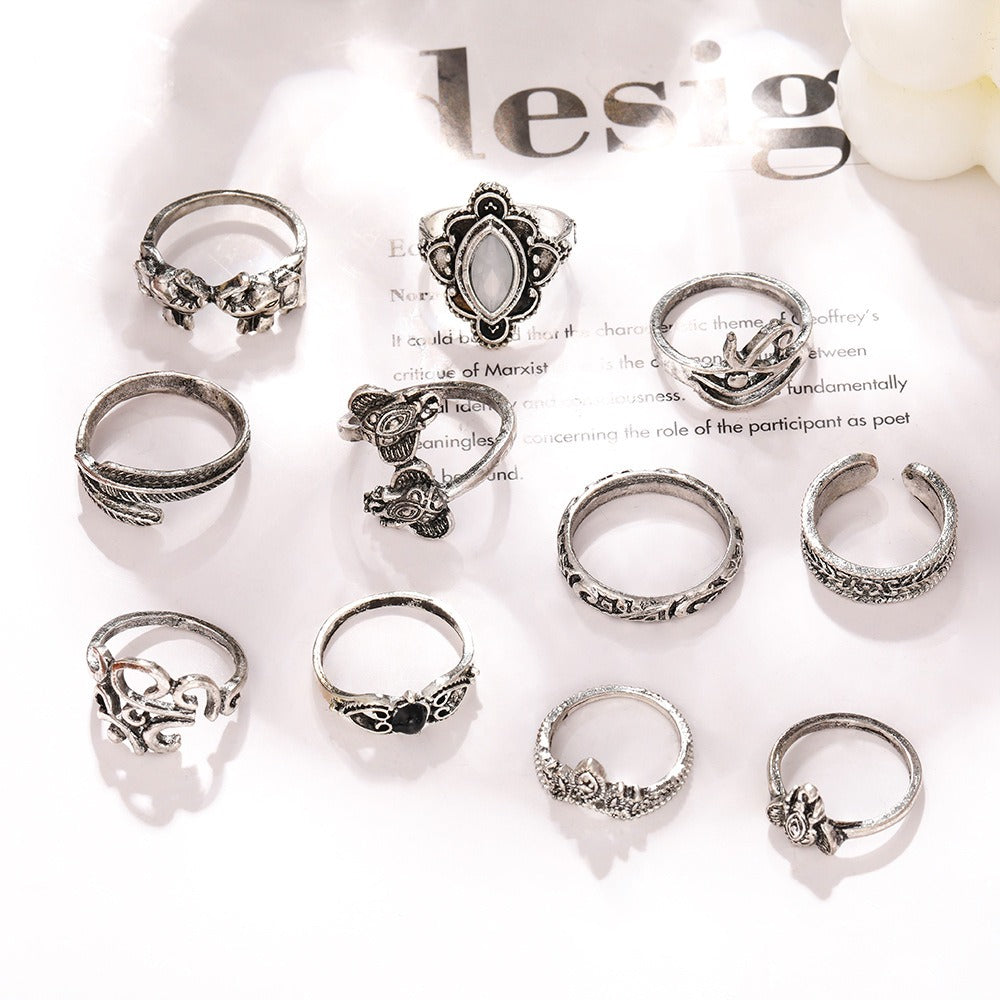 Hot selling retro vintage vintage feather elephant joint ring set with 11 pieces of female personality niche bracelets