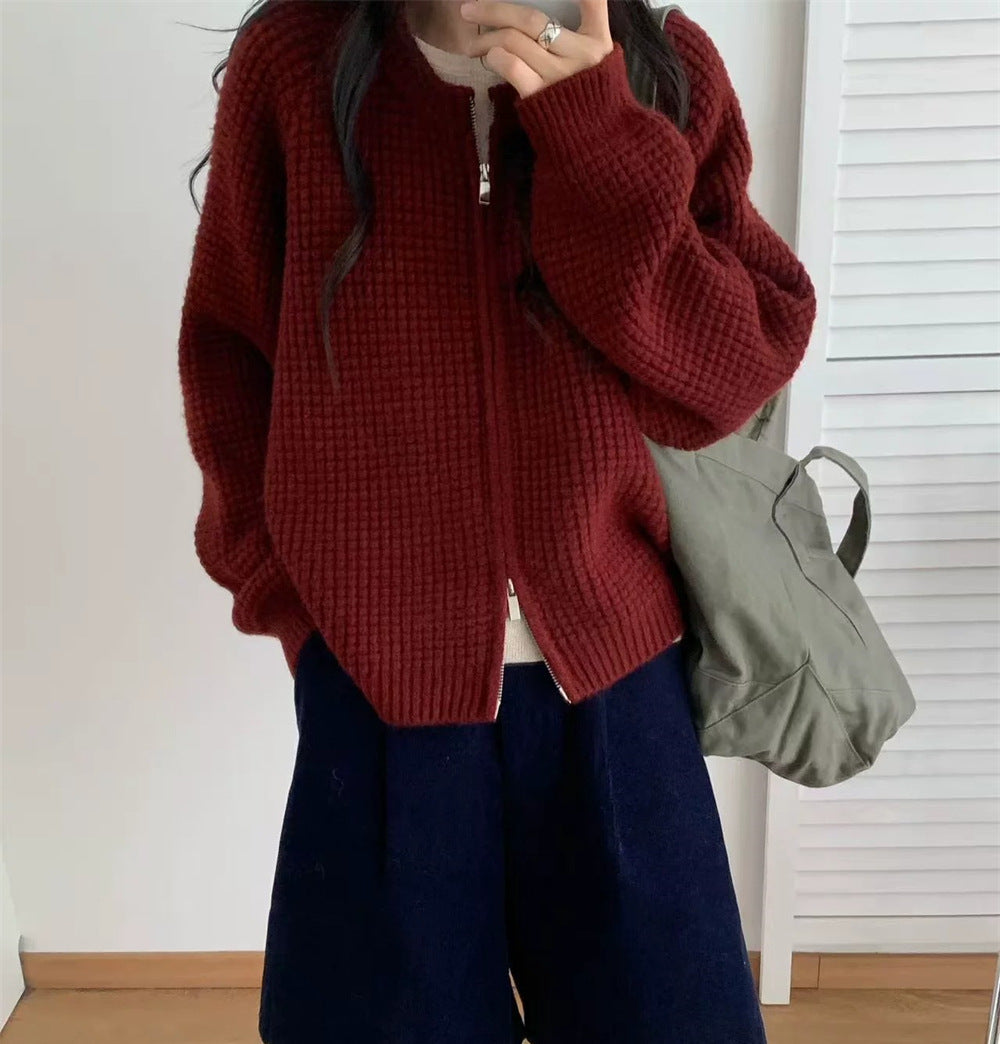 Round neck double zipper short sweater