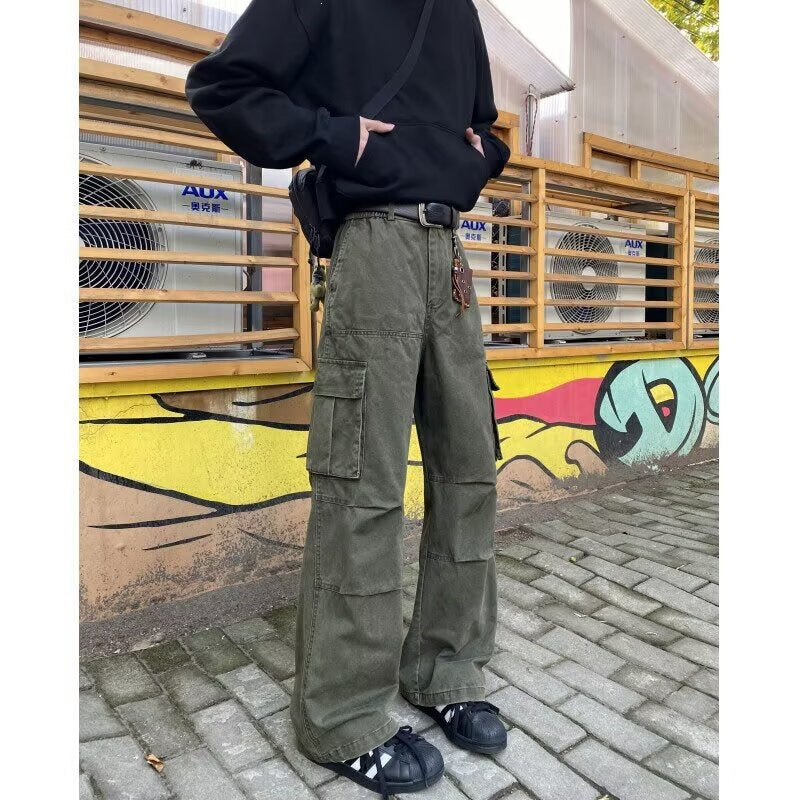 Washed Cotton Cargo Pants Vintage - Multi-Pocket Straight Leg Casual Men's Trousers