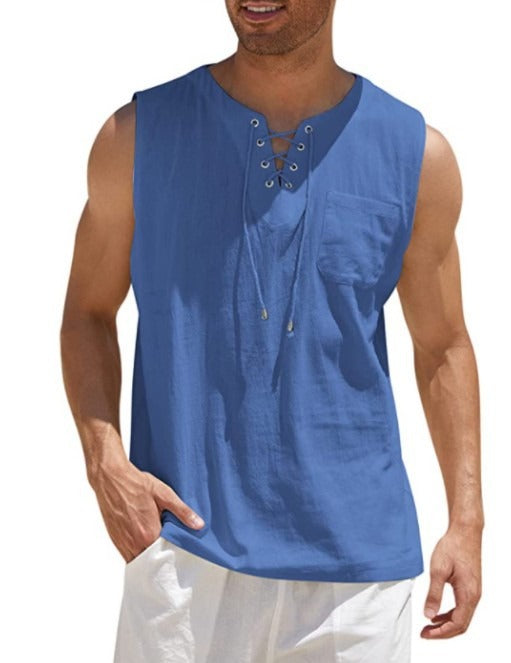 Mens Tank Top Shirt - Fashion Solid Color Cotton Hemp Short Sleeve Shirt
