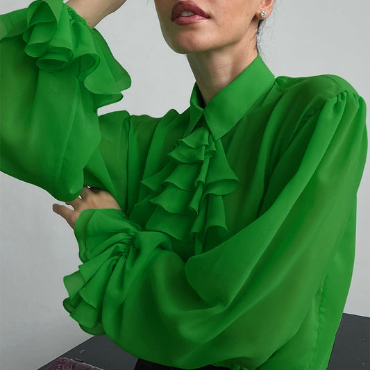 European And American Style Fashion Shirts Chiffon Ruffled Tops Slim-Fit Design Niche Green Shirts