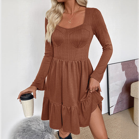 Elegant Textured Long Sleeve Square Neck Slimming Short Dress