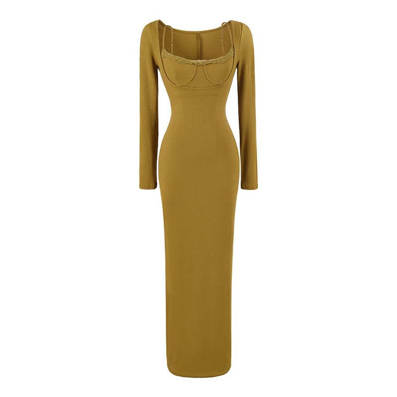 Lace Long Spaghetti Strap Waist-cinching Bodycon Maxi Dress