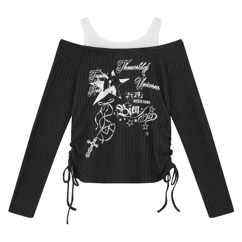 Two Straight Shoulder Drawstring Long Sleeved Women's Statement Shirt
