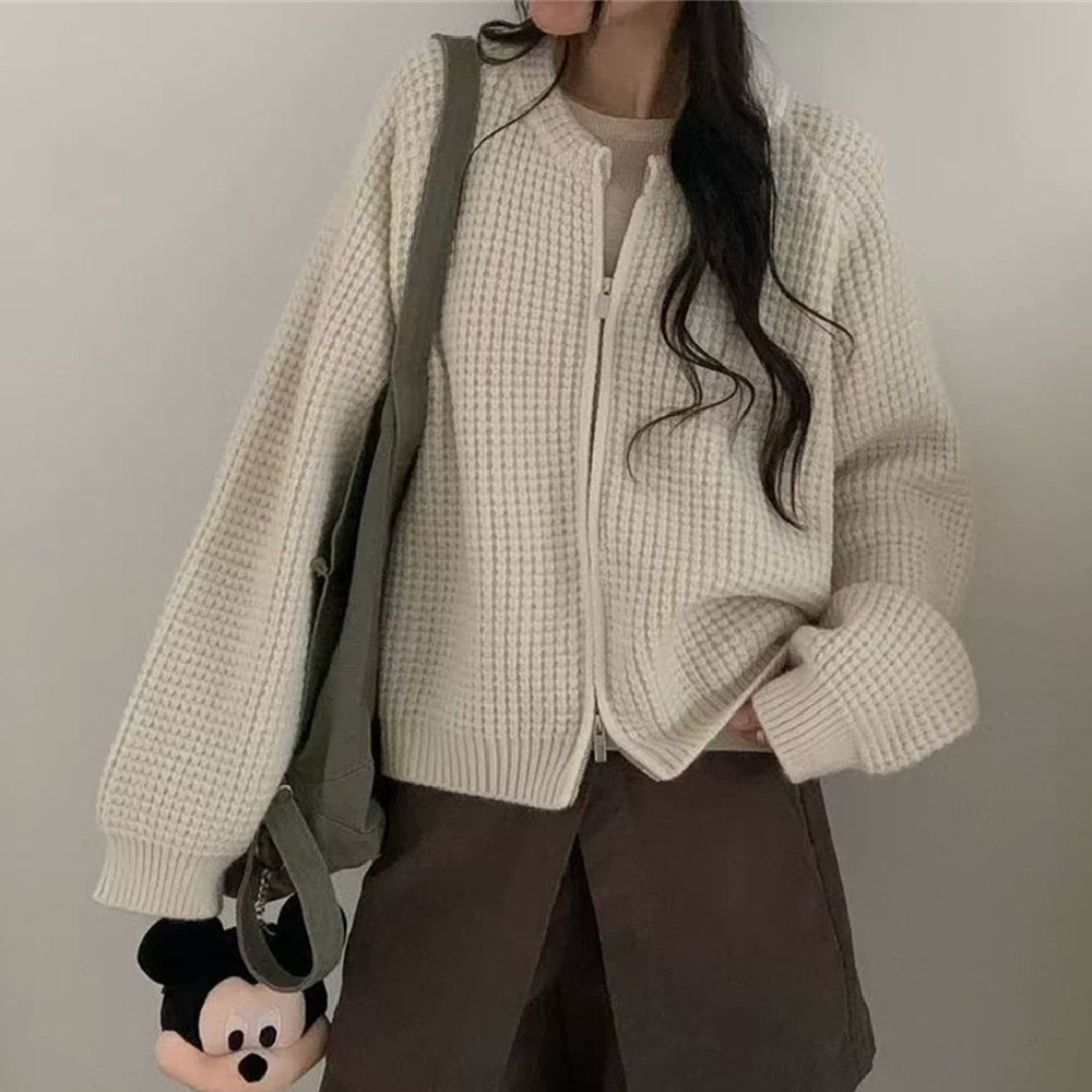 Round neck double zipper short sweater