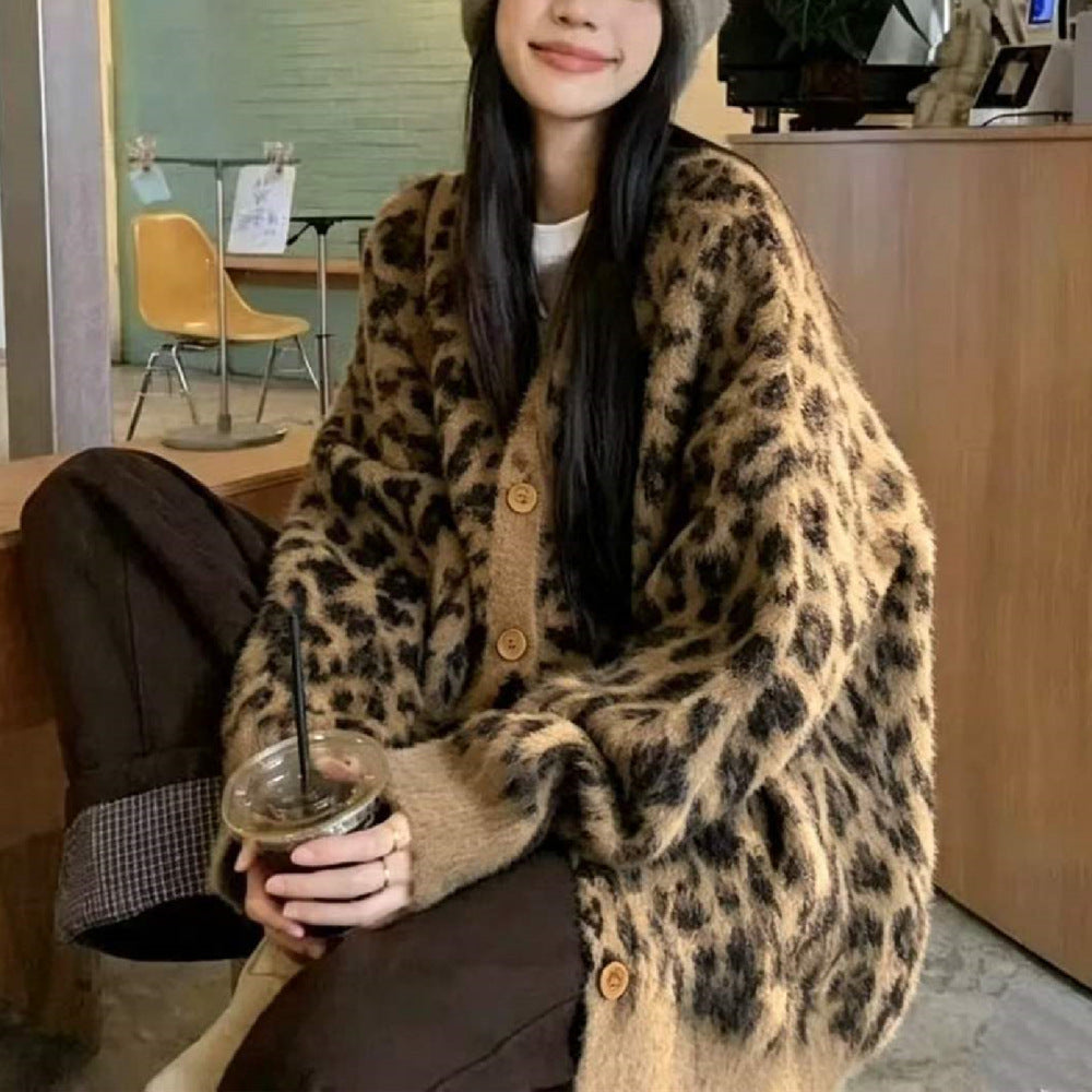 V-neck Cardigan Women's Animal Print Sweater