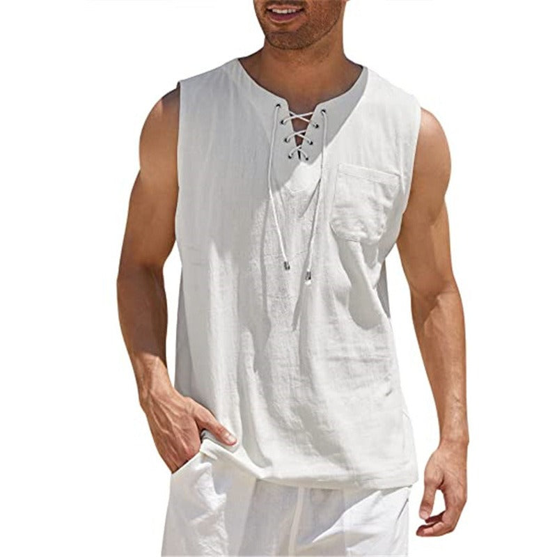 Mens Tank Top Shirt - Fashion Solid Color Cotton Hemp Short Sleeve Shirt