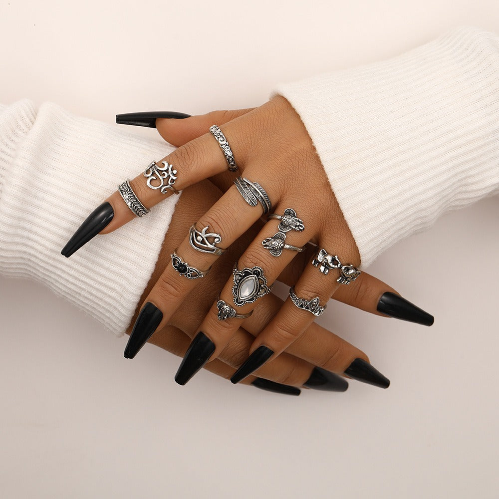 Hot selling retro vintage vintage feather elephant joint ring set with 11 pieces of female personality niche bracelets