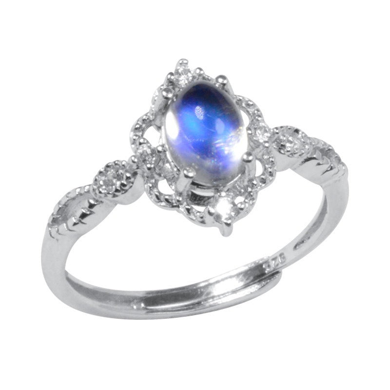 Retro Wind and Moon Light Stone Ring for Women's Blue Light Natural Japanese and Korean Tail Ring Tidal Ring Simplicity