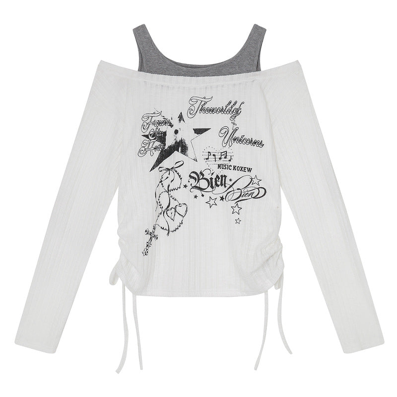 Two Straight Shoulder Drawstring Long Sleeved Women's Statement Shirt