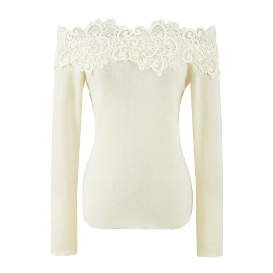 Women's Off-shoulder Lace Patchwork Wool Blend Knit Top