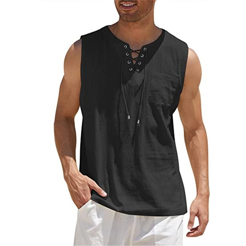 Mens Tank Top Shirt - Fashion Solid Color Cotton Hemp Short Sleeve Shirt