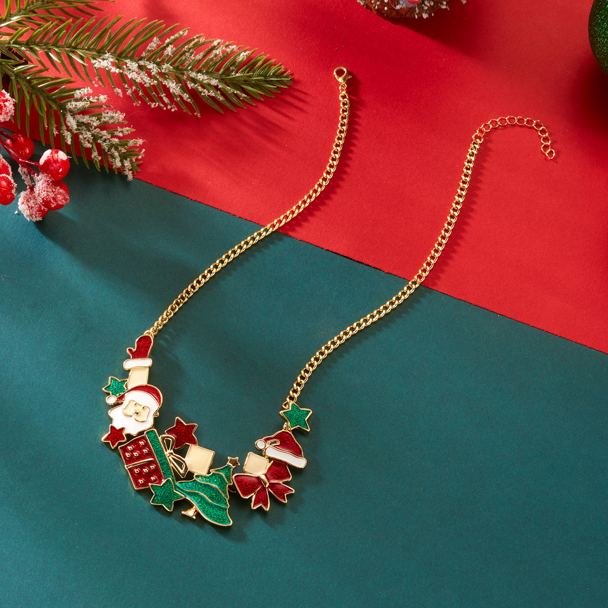 Style Christmas Necklace Gift Set, Santa Claus &amp; Christmas Tree Pendant, Cute Cartoon Holiday Jewelry, Neck and Wrist Accessories