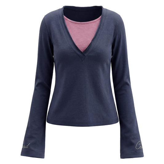 Fake two V-neck long sleeved T-shirts for women