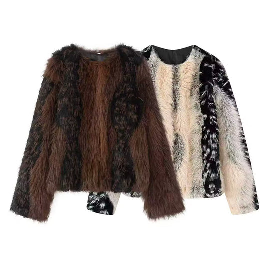 Round Neck Long Sleeved Printed Faux Fur Women's Coat