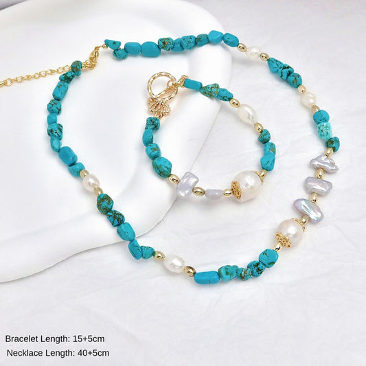 Freshwater Baroque Pearl Turquoise Beaded Bracelet Necklace, Natural Stone Bracelet, Original Design, Lightweight Luxury, Elegant Style
