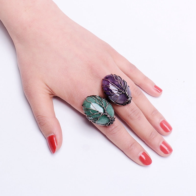mart Vintage Finger Natural Stone Egg Shape Wrapped Tree of Life Antique Rings for Women Men Adjustable Jewelry Gift Souvenir