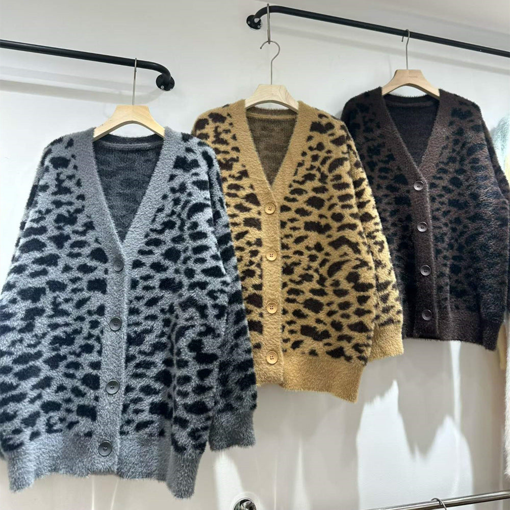 V-neck Cardigan Women's Animal Print Sweater