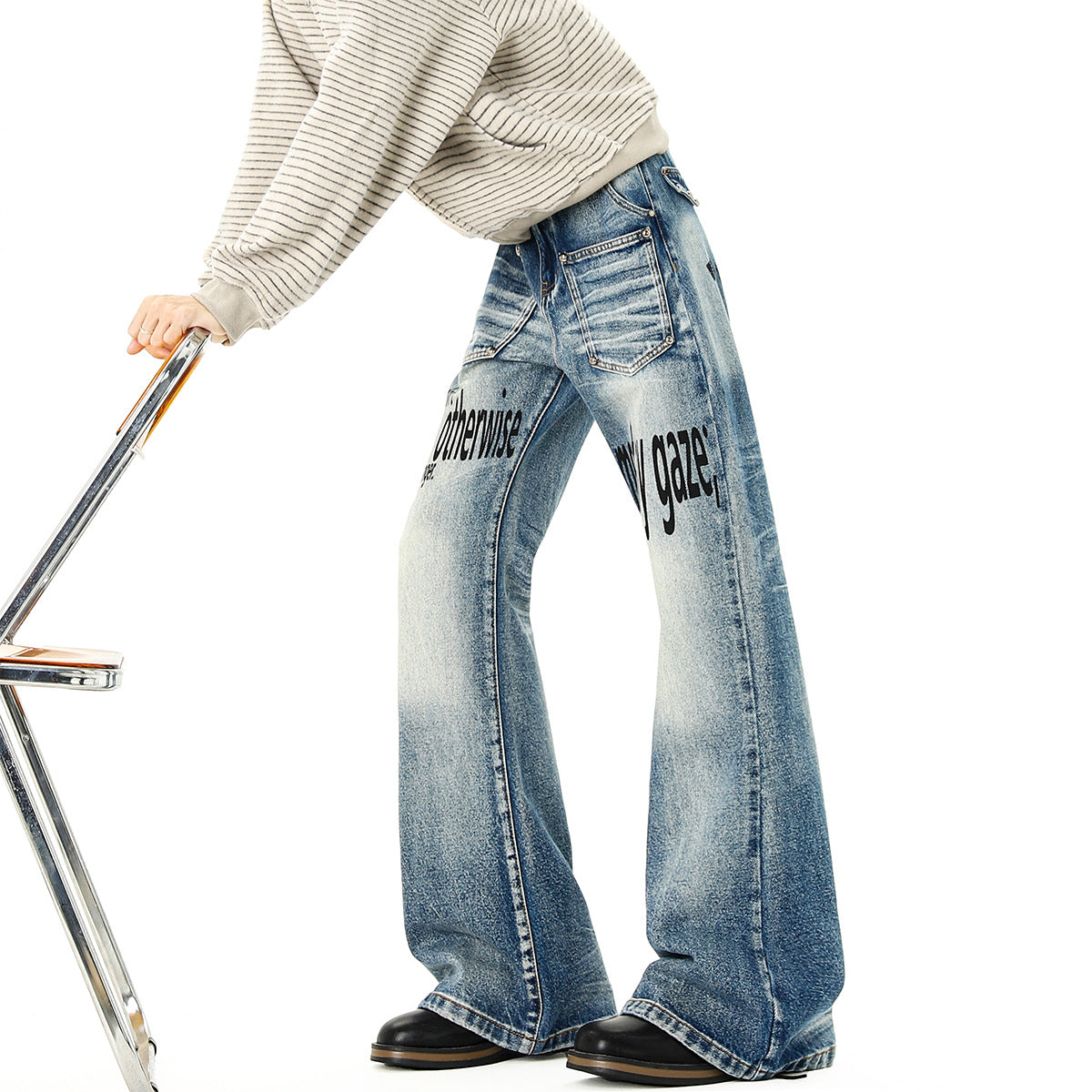 Stylish Washed Distressed Flared Denim Pants for Men with Cat Eye and Rivet Details, Slim Fit Straight Leg Jeans