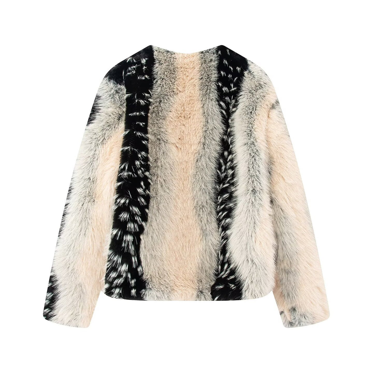 Round Neck Long Sleeved Printed Faux Fur Women's Coat