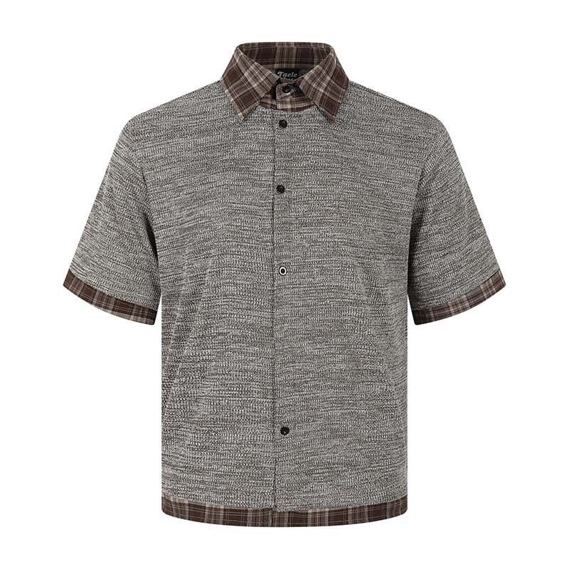Checkered splicing fake two short sleeved shirts