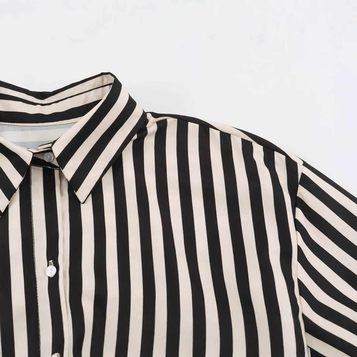 Loose patchwork with waistband long sleeved striped shirt for women