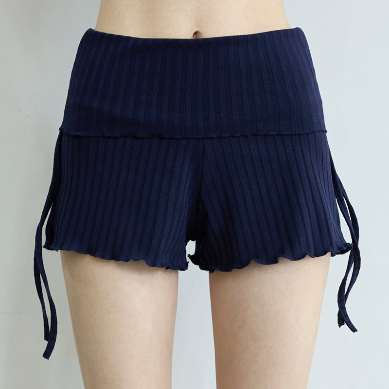 Banded Bow Flutter Yoga Pilates Shorts with Wavy Hem, Loose Slimming Fitness Home Workout Shorts for Women