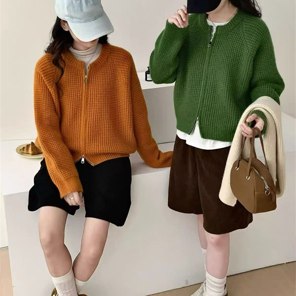 Round neck double zipper short sweater