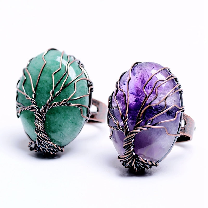 mart Vintage Finger Natural Stone Egg Shape Wrapped Tree of Life Antique Rings for Women Men Adjustable Jewelry Gift Souvenir