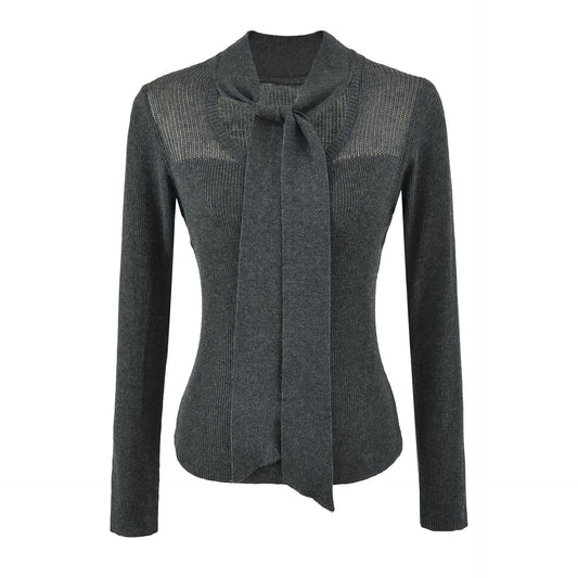 Women's Tie-Neck Semi-Sheer Slim Fit Wool Blend Knit Top Long Sleeve Layering Sweater