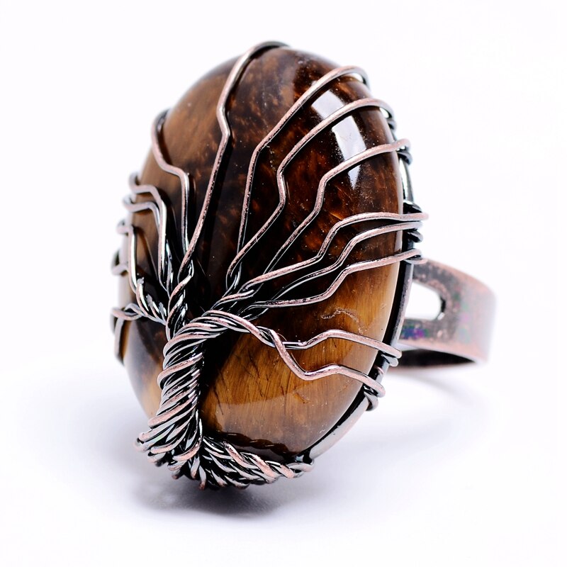 mart Vintage Finger Natural Stone Egg Shape Wrapped Tree of Life Antique Rings for Women Men Adjustable Jewelry Gift Souvenir