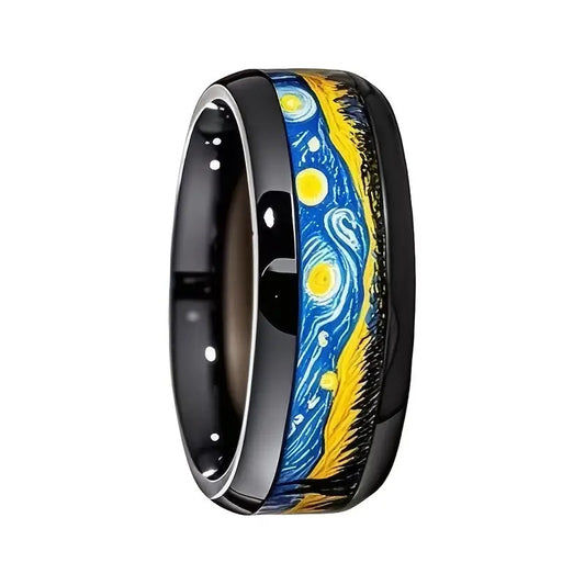 Copper-Finished Vibrant Blue and Yellow Artistic Stainless Steel 8mm Black Bead Van Gogh Star and Moon