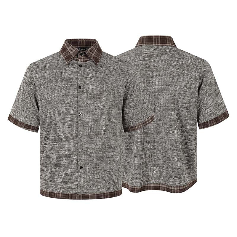 Checkered splicing fake two short sleeved shirts