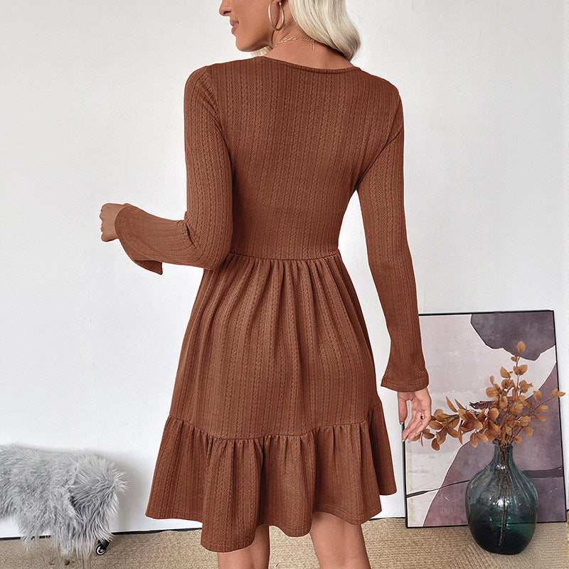 Elegant Textured Long Sleeve Square Neck Slimming Short Dress