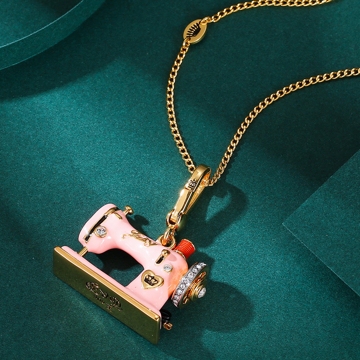Enamel Three Dimensional Butterfly Knot Pink Sewing Machine Pendant Necklace