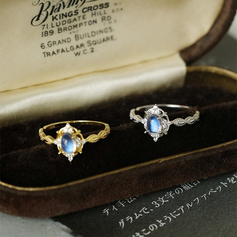 Retro Wind and Moon Light Stone Ring for Women's Blue Light Natural Japanese and Korean Tail Ring Tidal Ring Simplicity