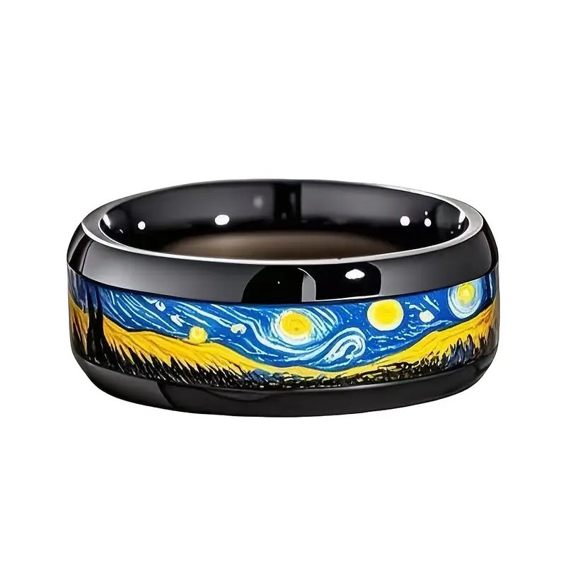 Copper-Finished Vibrant Blue and Yellow Artistic Stainless Steel 8mm Black Bead Van Gogh Star and Moon