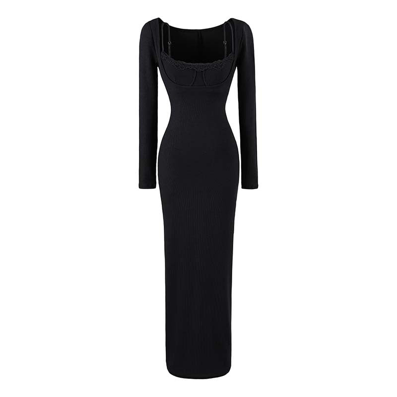 Lace Long Spaghetti Strap Waist-cinching Bodycon Maxi Dress