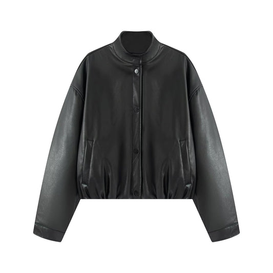 Half High Collar PU Imitation Leather Jacket