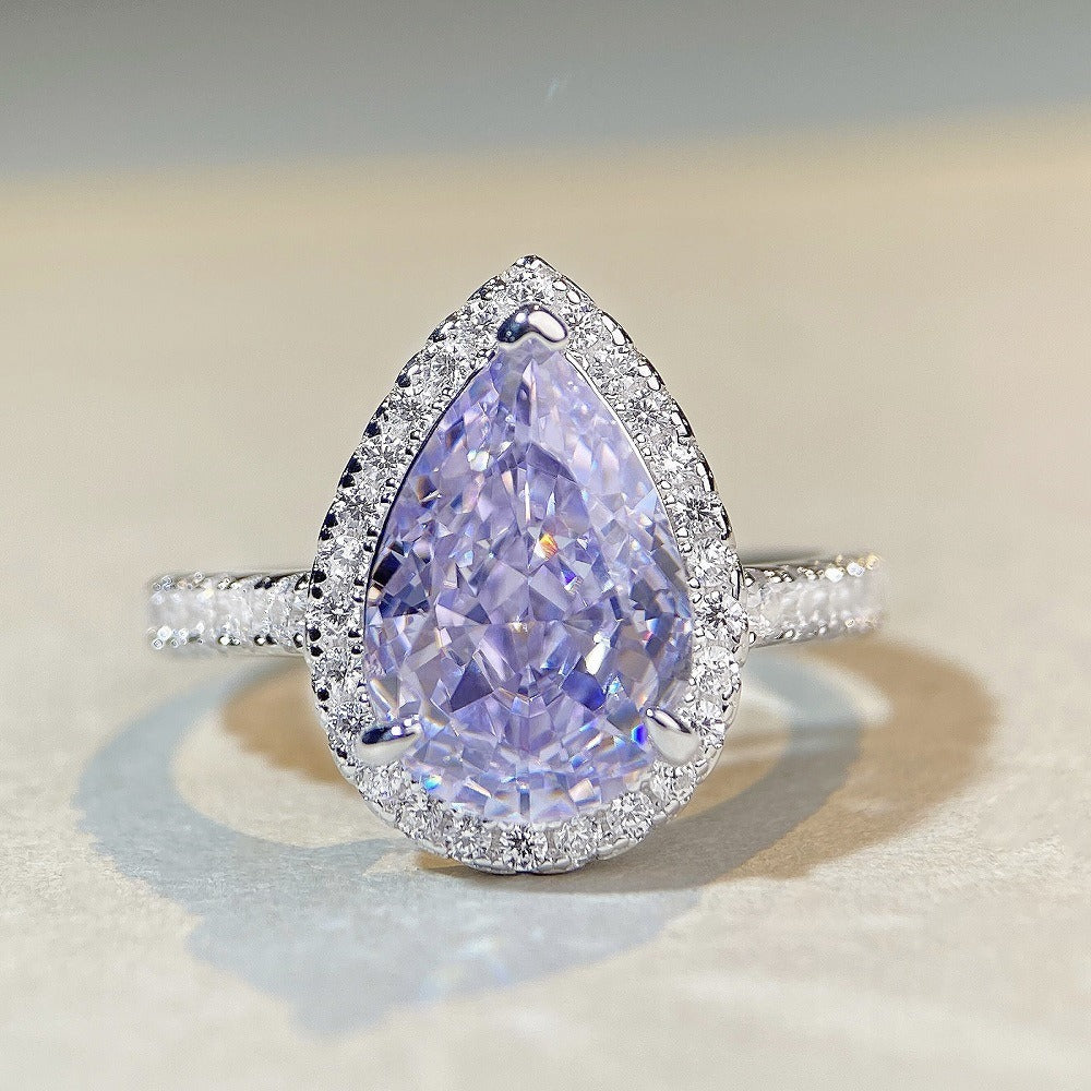 S925 sterling silver pear-shaped ring lavender purple high carbon diamond gemstone diamond ring European and American fashion zircon ring