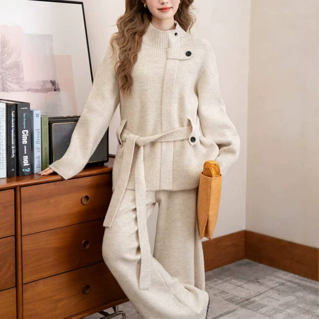 Stand up collar belt wide leg pants set