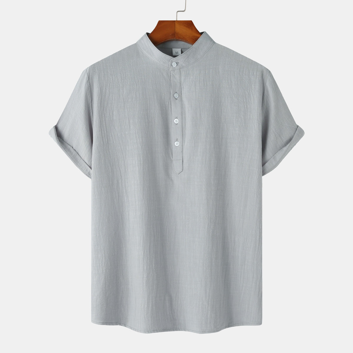 Summer Mens Cotton and Linen Standing Collar Casual Short Sleeved Shirt Beach T Shirt Shirt Mens Clothing