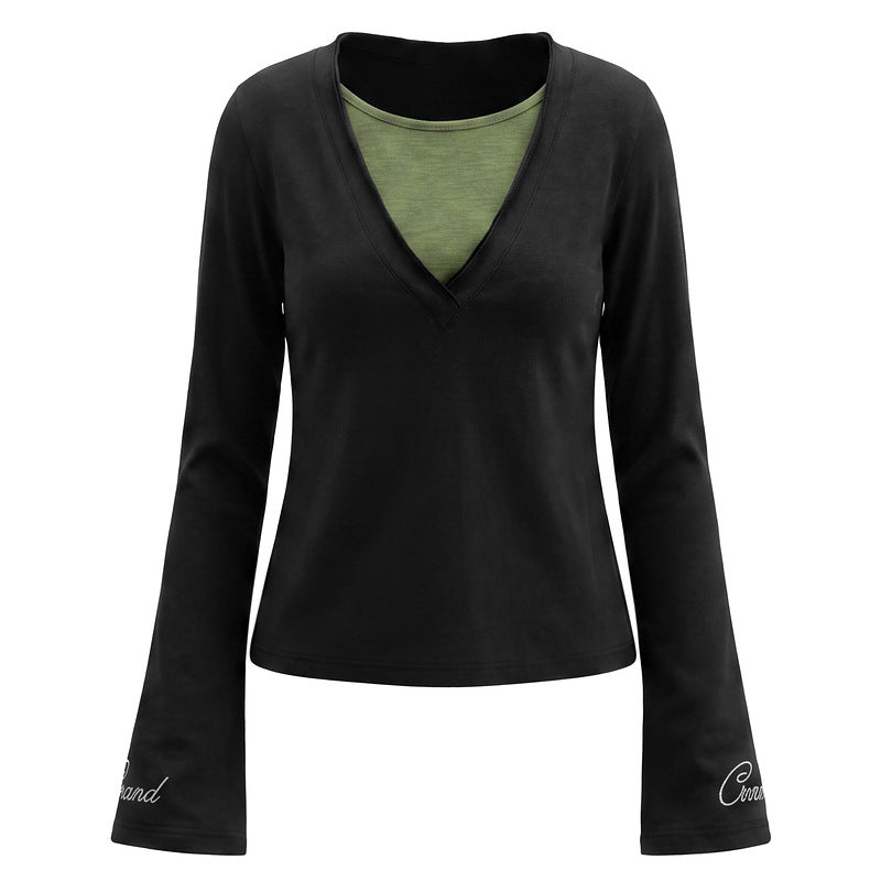 Fake two V-neck long sleeved T-shirts for women