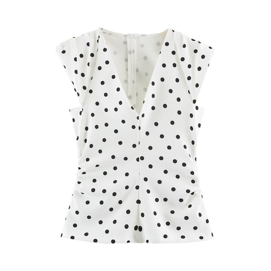 Casual minimalist shoulder padded polka dot shirt top for women
