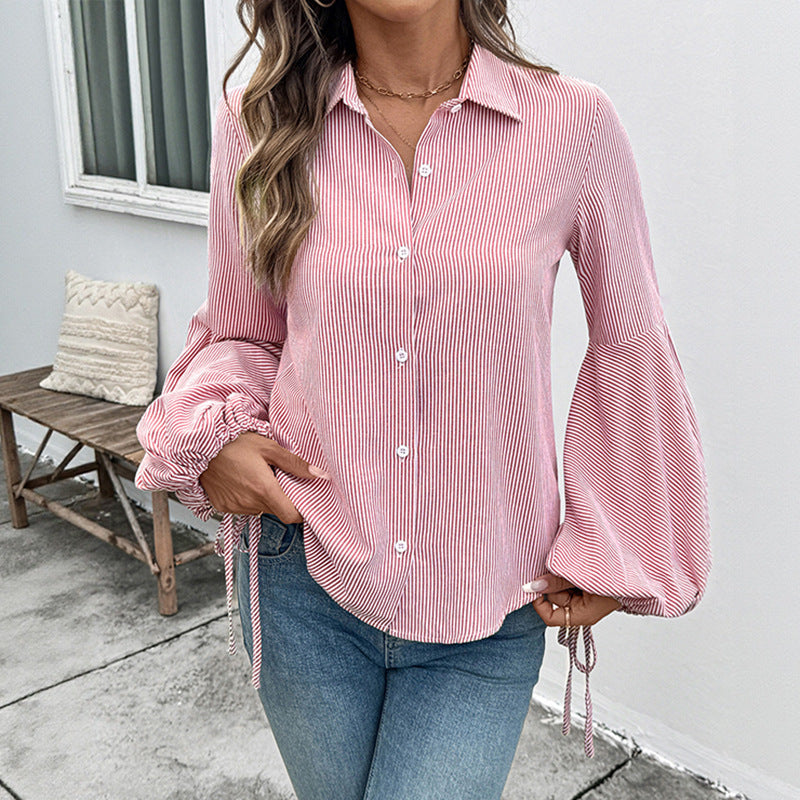 Striped Patchwork Lantern Sleeve Women's Shirt