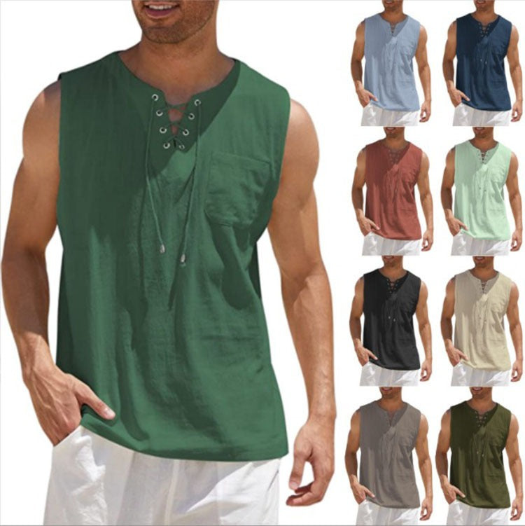 Mens Tank Top Shirt - Fashion Solid Color Cotton Hemp Short Sleeve Shirt